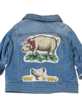 Upcycled Stretch Denim Kids Jacket Farm Animal Appliqué Western